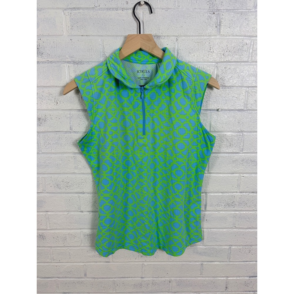 Icikuls Golf Polo Womens L Blue Green Geometric Sleeveless 1/4 Zip Activewear